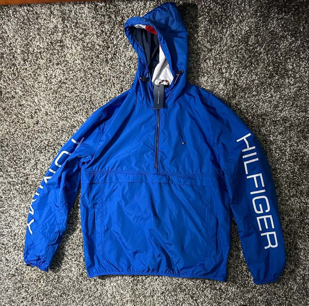 Tommy Hilfiger 1/2 Zip Hooded Windbreaker Size XL Blue Spell Out